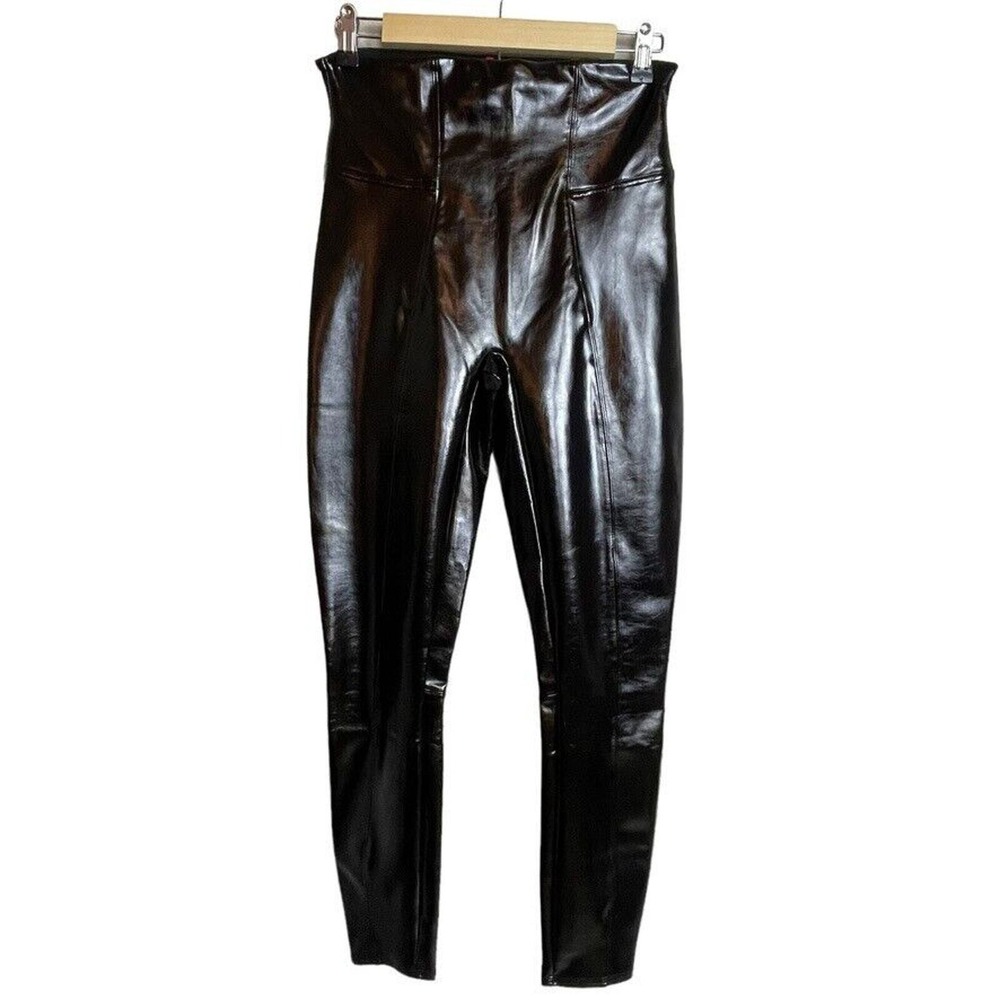 Spanx Faux Leather Patent Leggings Women M Black Bronze High Rise Slimming